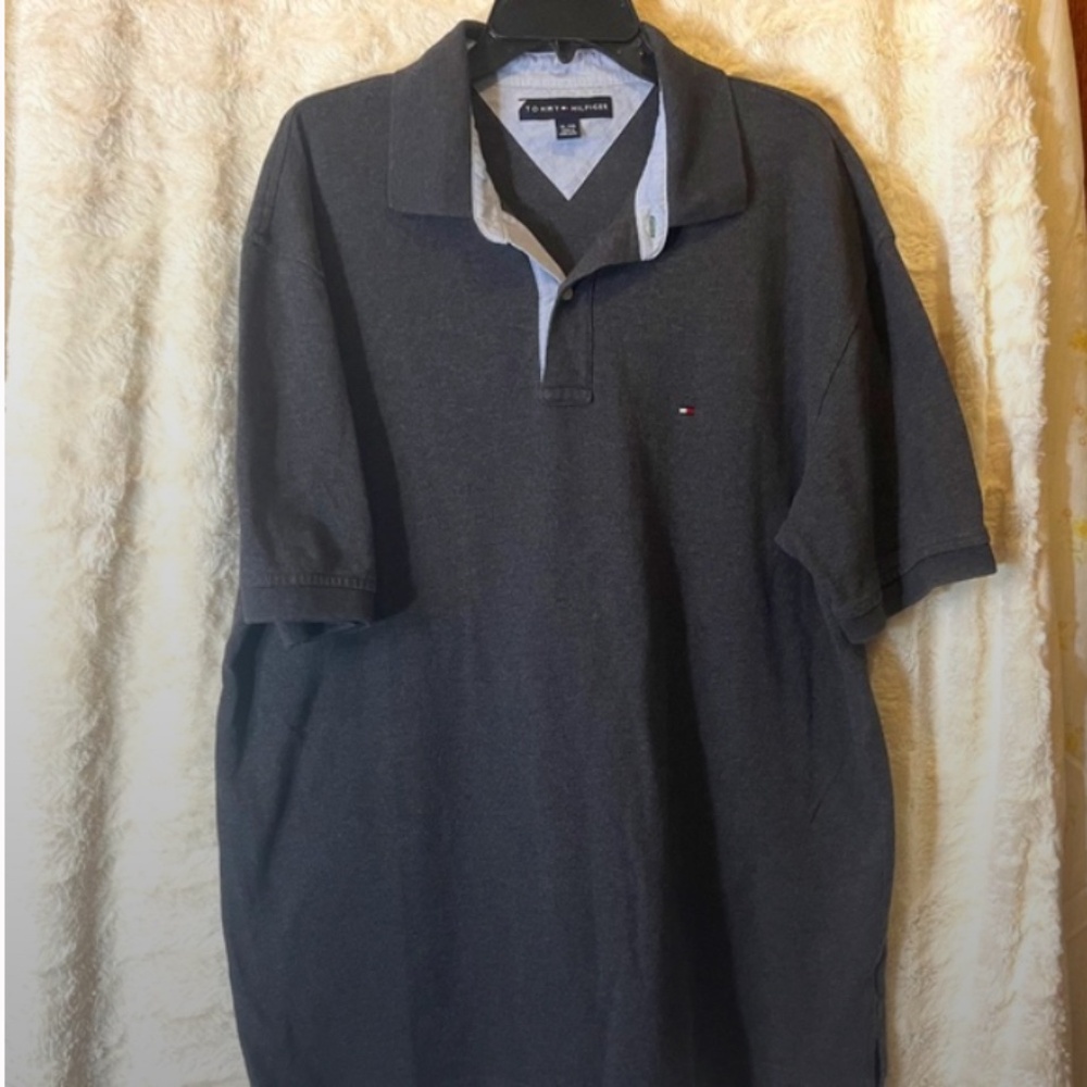 TOMMY HILFIGER Mens Collared Polo Shirt Size XL Gray 100% Cotton Cuffed Sleeves